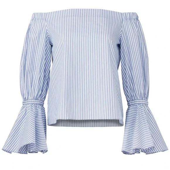 Alexis Juniper Blue Striped Off the Shoulder Flare Bell Sleeve Blouse Medium - Picture 2 of 10